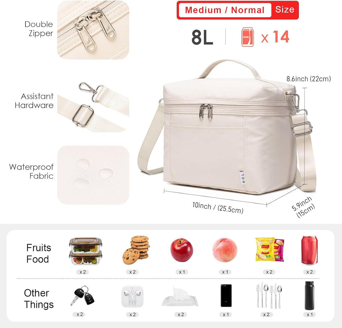 NOL 8L Insulated Lunch Bags for Women Cooler Bag Lightweight Nylon Waterproof Lunch Box For Work(Medium, Cream)