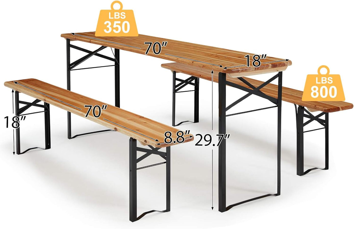 AVAWING 5.8FT 3-Piece Portable Picnic Table Bench Set, 6-8 Person Folding Wooden Dining Table Set，70" Patio Beer Table f