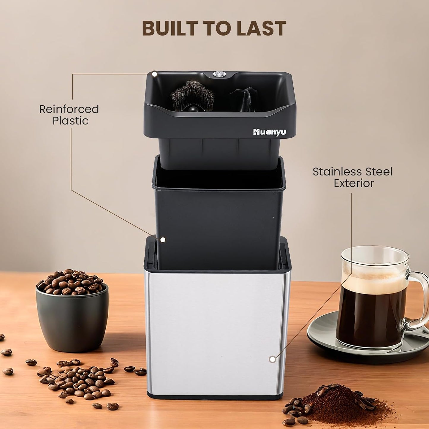 Huanyu 6L Automatic Portafilter Cleaner, 3-Way Installation, for 51&amp;58mm | 6l capacity for 50+ cycles, dual brush heads, 3 size scrapers fits 51&amp;58mm portafilters, stainless steel, for mid-volume cafe