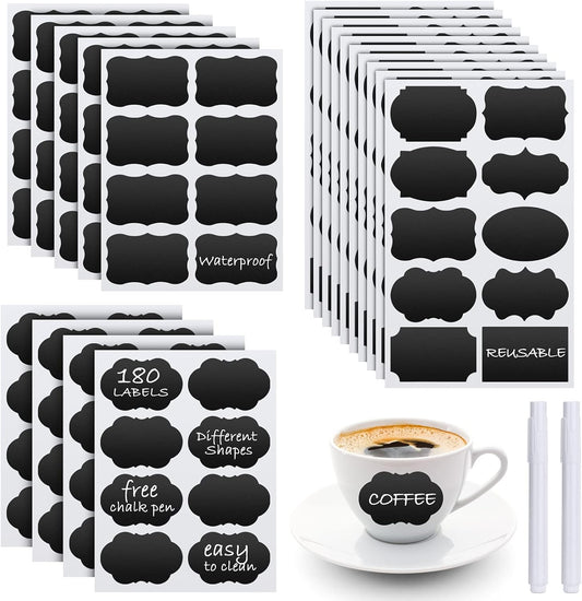 Chalkboard Labels - 180pcs Waterproof Reusable Blackboard Stickers with 2 Free Erasable White Chalk Marker, Mini Decorative