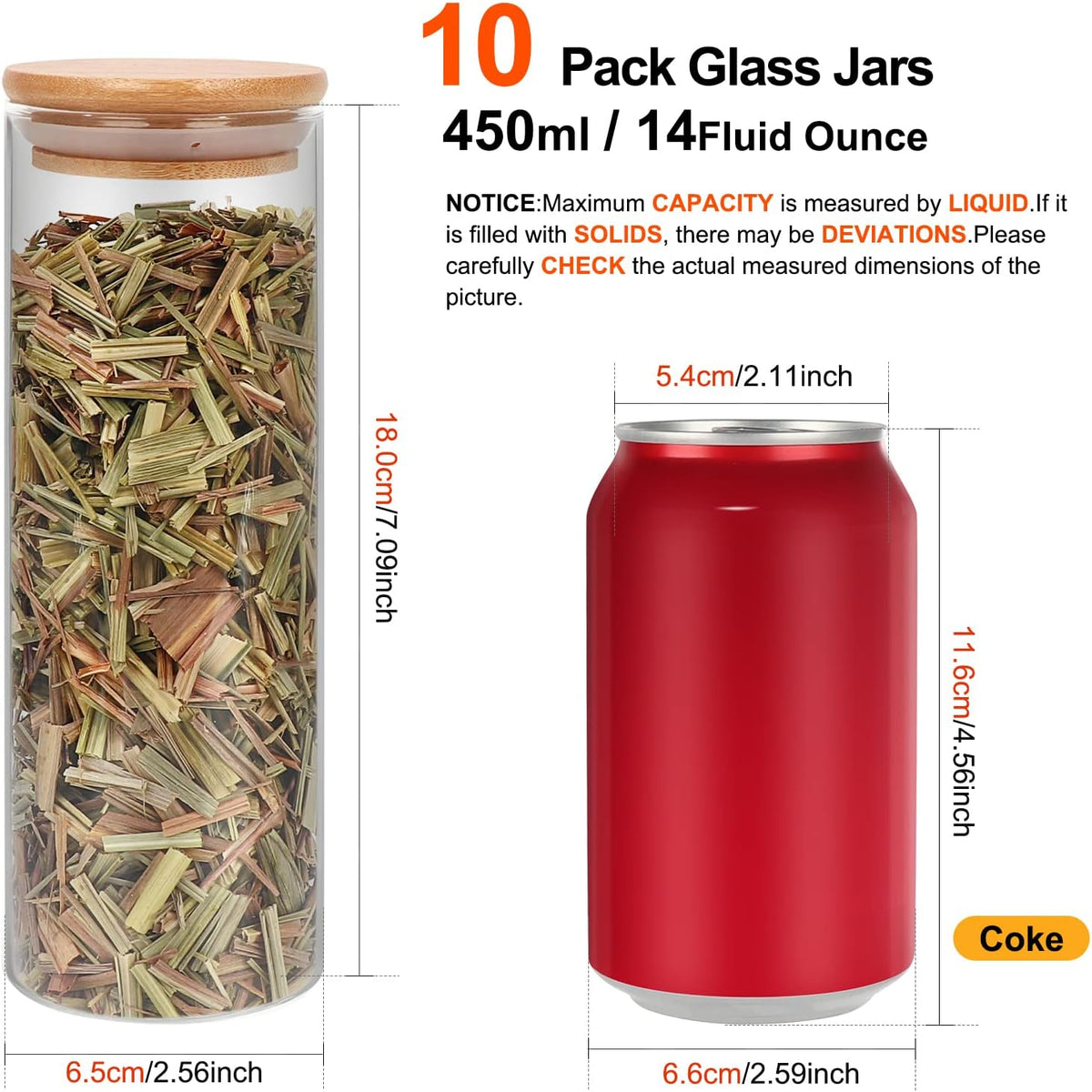 DHSBTLS 10 Pack 14 oz Glass Jars with Airtight Bamboo Lids for Kitchen