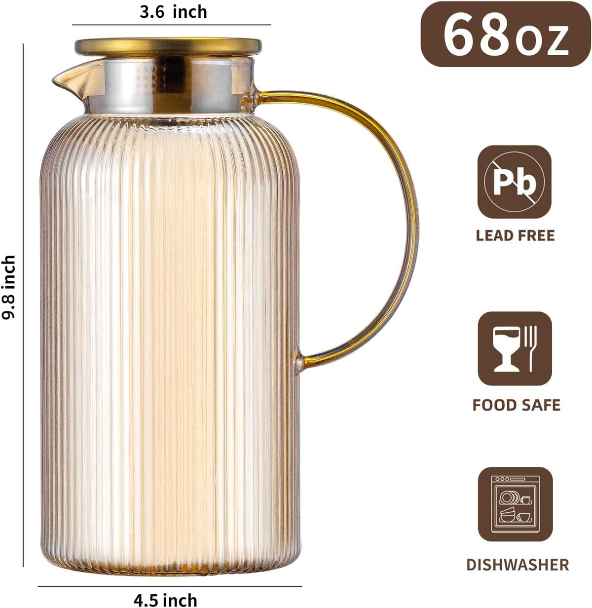 Buaic Glass Pitcher with Lid, 68 oz/ 2L Amber Glass Water Pitcher | Classic Vertical Stripes Glass Water Jug with Handle,Glass Water Carafe for Cold Brew, Coffee,Iced Sun Tea,Beverage,Cold/Hot