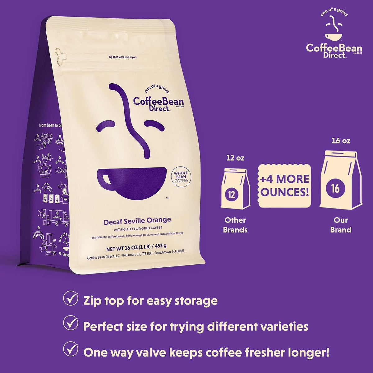 Coffee Bean Direct Decaf Seville Orange Flavored, Whole Bean, 1lb Bag | Light Roast, Zesty &amp; Vibrant Flavored Cofffee Beans, Decaffeinated