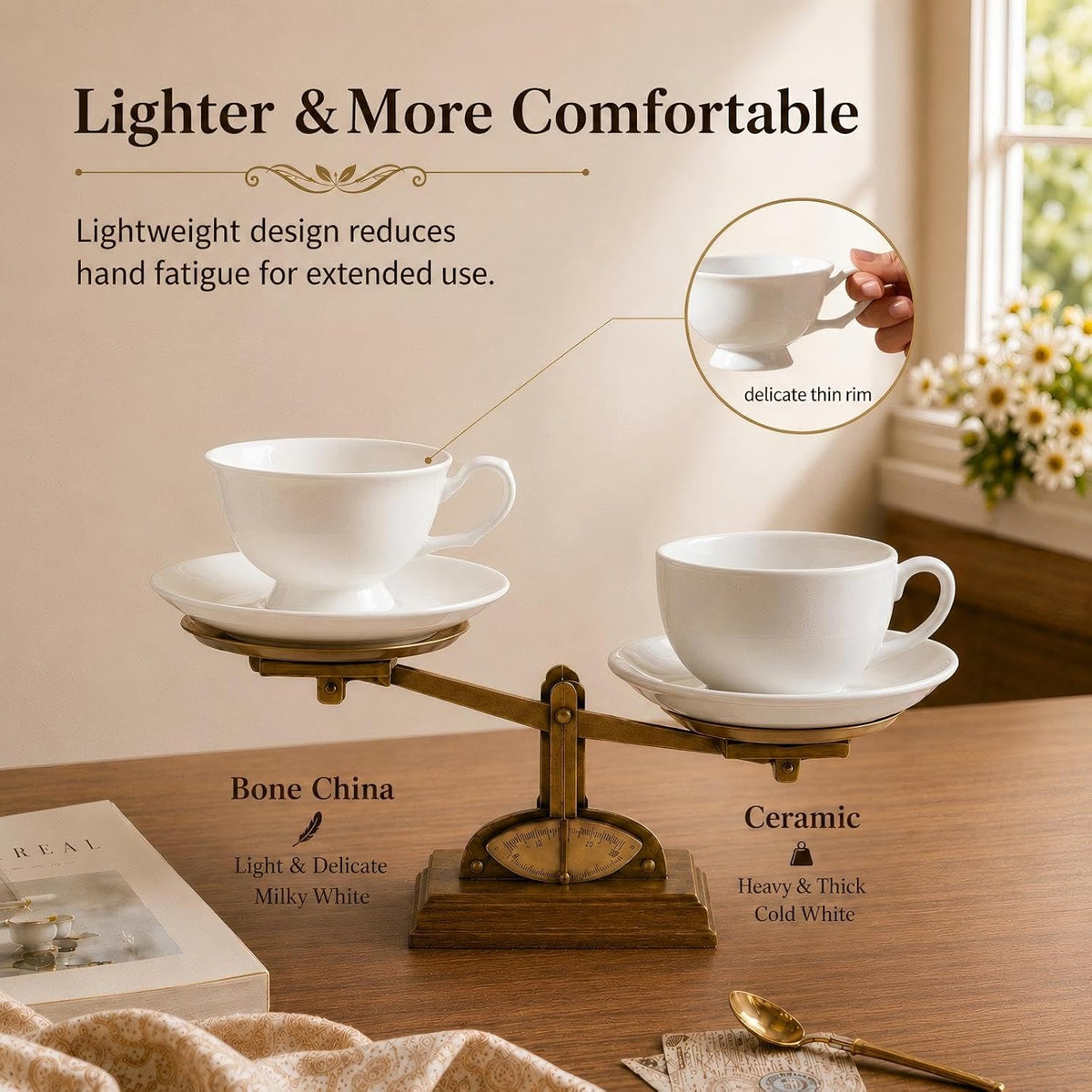 Fine Bone China Espresso Cups and Saucers Set of 4, 5 oz