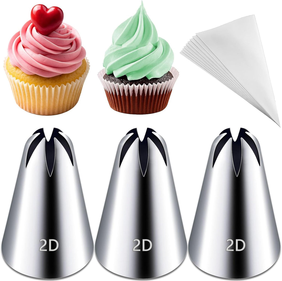 Hendiy 3pcs 2D Cake Piping Tips with 20 Piping Bags