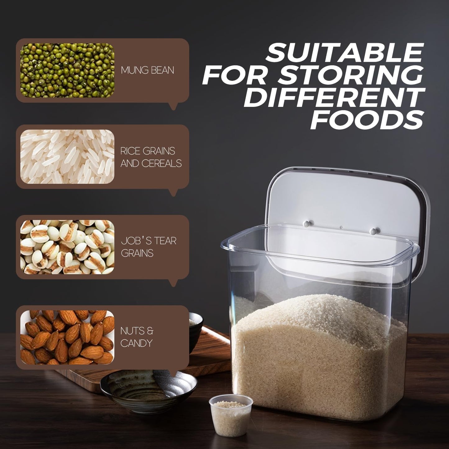 Rice Container 20-25 Lbs - Airtight with Measuring Cup, PET BPA-FREE