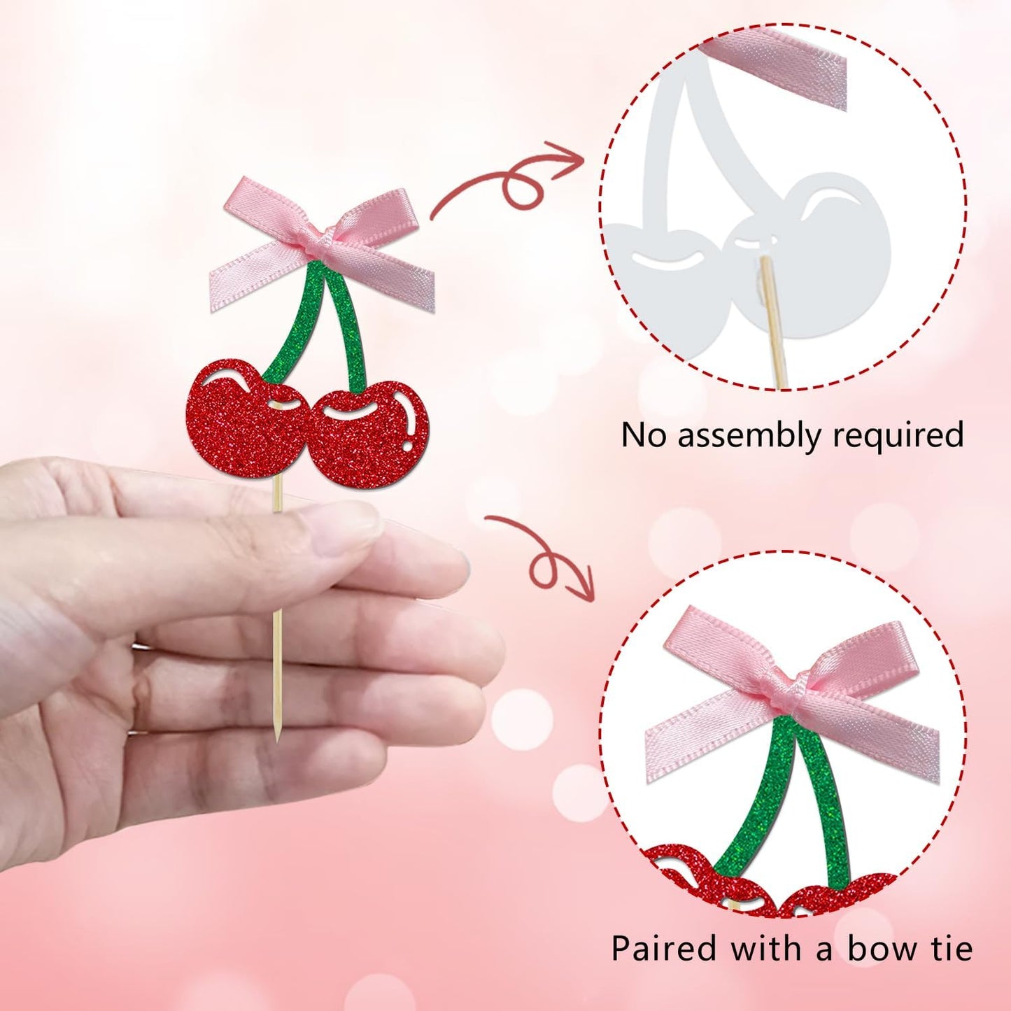 24 Pack Cherry Cupcake Toppers, Glitter Sweet Cherry Cupcake Pick | Fruits Theme Baby Shower and Bridal Shower Decorations Supplies