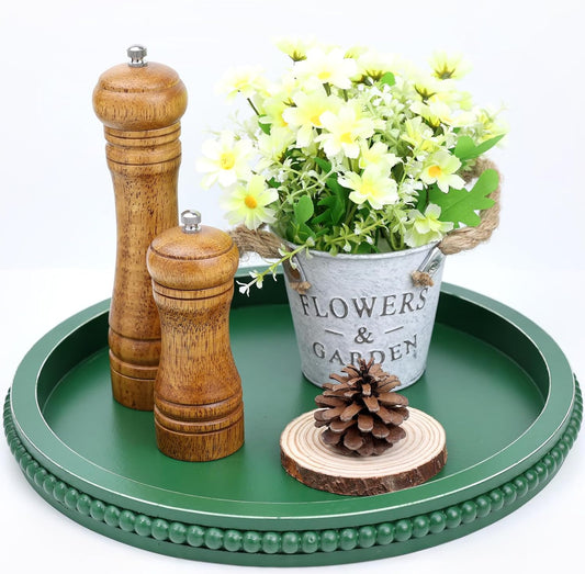 Green Round Wood Decorative Ottoman Tray for Coffee Table Kitchen Counter, Living Room, Handcrafted Green Wooden Serving