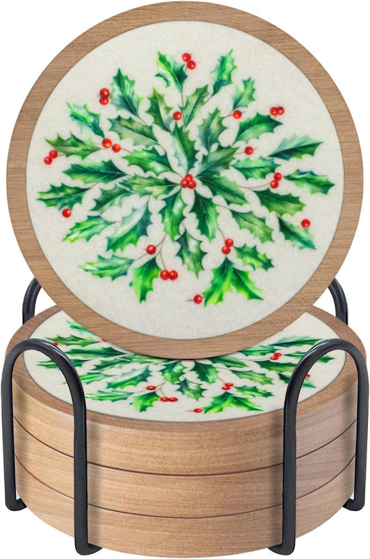 Christmas Coasters Set of 4 with Holder, Cewiru Cup Mat for Drinks, Absorbent Coasters with Felt Insert for Coffee Table