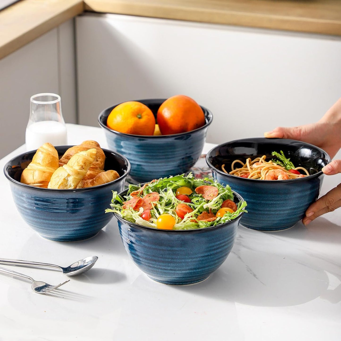 Meky Soup Bowls Set of 4,40 OZ Large Ceramic Bowls - 7 Inch Deep Bowls for Ramen, Pho, Salad, Pasta, Cereal