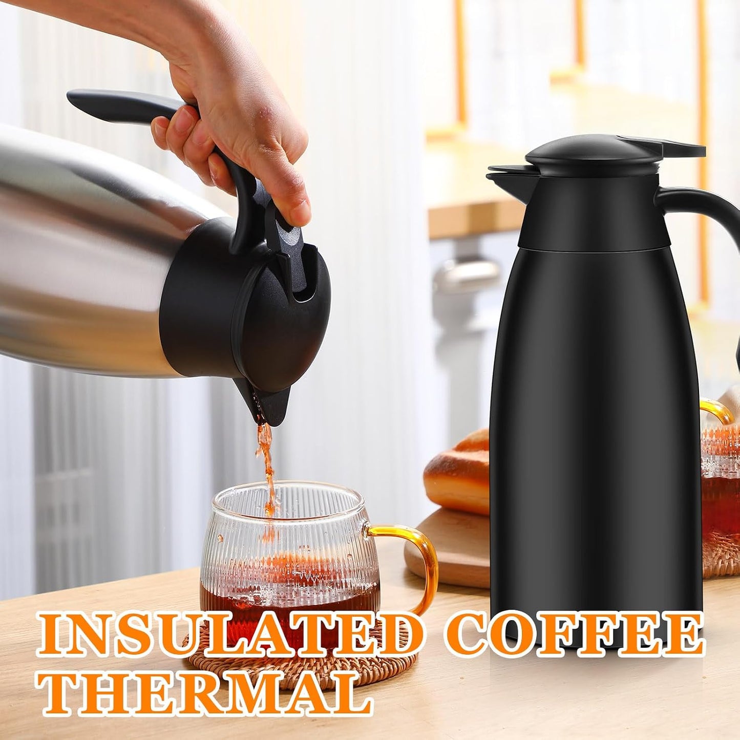 Norme 2 Pcs Thermal Coffee Carafe Insulated Stainless Steel Coffee Carafe for Hot Liquid Vacuum Thermal Pot Creamer Pitcher Dispenser with Brushes Keeping Hot Water Milk(Black, Silver,68 oz)