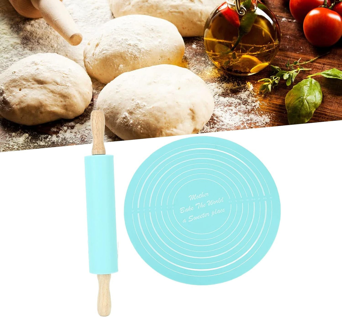 13.2in Rolling Pin Pastry Baking Mat 11.8x1.8in Large Silicone Rolling Pin Kneading Pad Baking Tool for Kitchen Restaurant School Use (Blue)