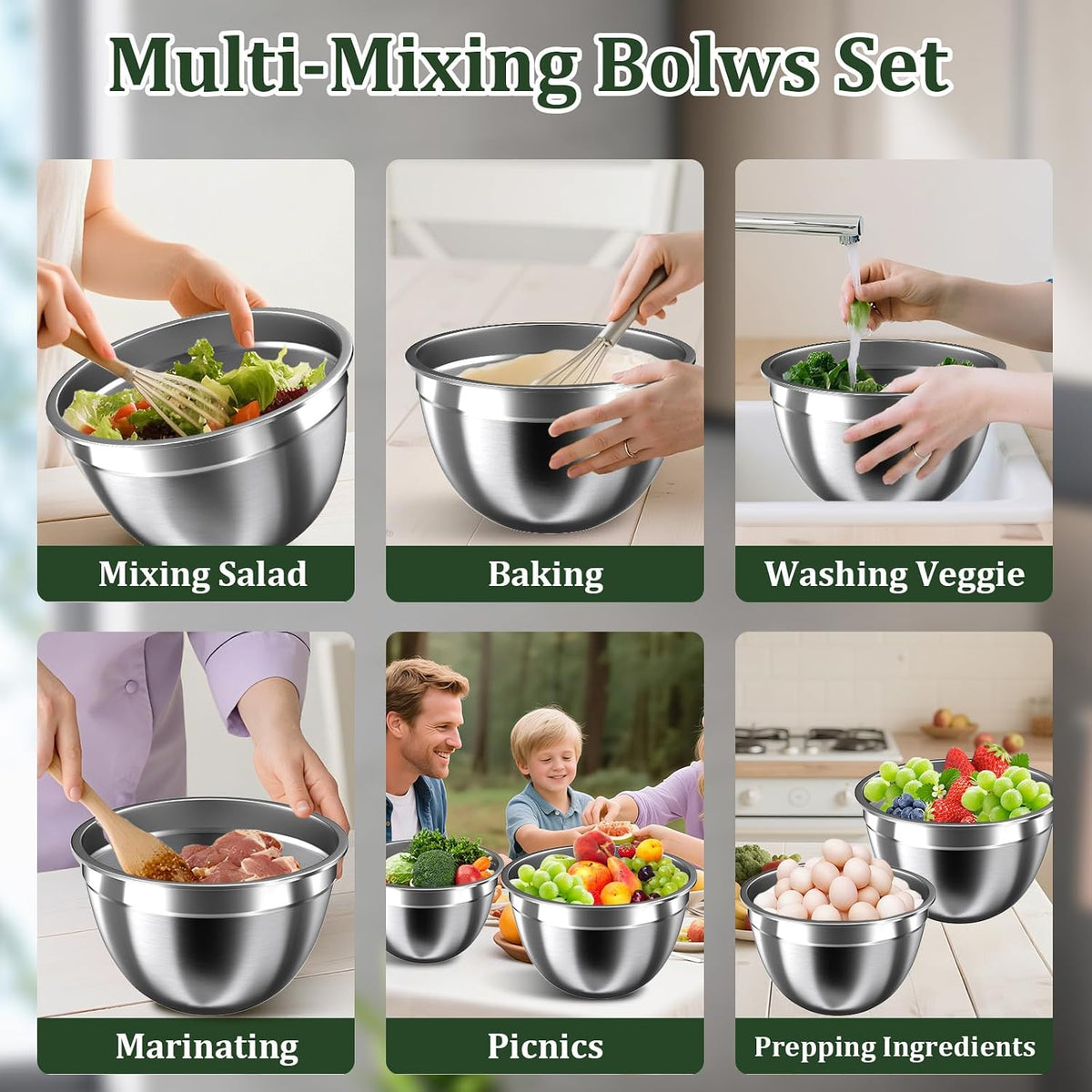 Nicdiet Mixing Bowls with Lids Set, 16PCS Stainless Steel Mixing Bowls,Nesting Storage Bowls for Kitchen with Mixing Bowl, Colander, Strainer &amp; Grater, Metal Salad Bowl for Kitchen Gadgets, Black