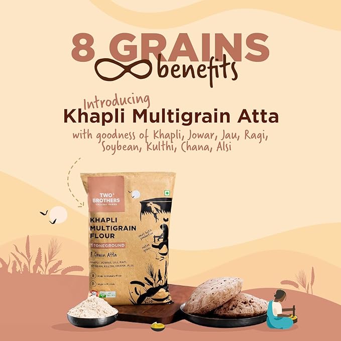 Khapli Multigrain Atta | Emmer Flour | 8 Super Grains Flour Mix | Diabetic Friendly | High Fibre & High Protein | Low GI Atta | Emmer, Jowar, Jau, Ragi, Soybean , Chickpea | 2kg from Two Brothers Organic Farms