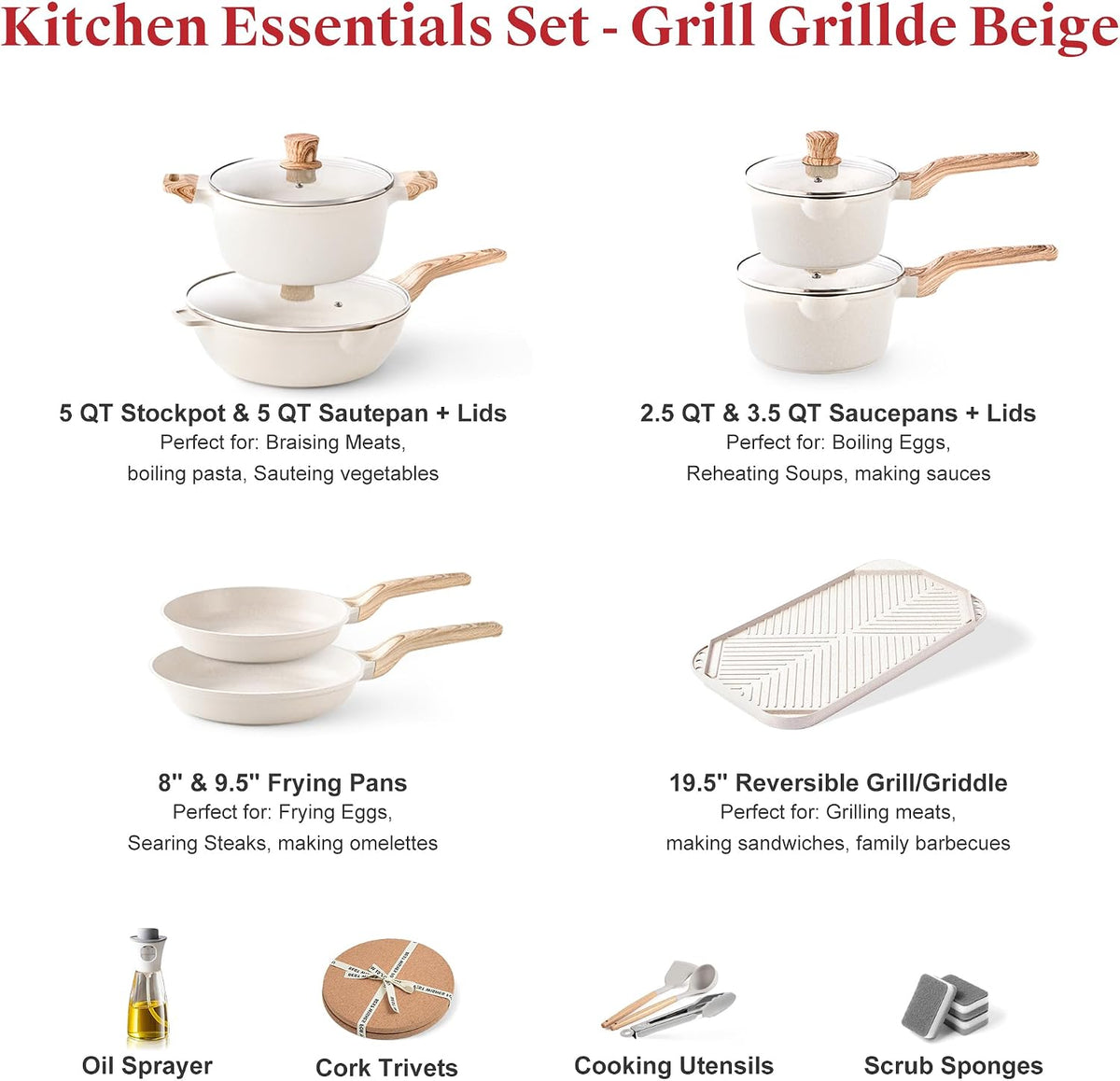 Caannasweis 20Pcs Cookware Sets, Nonstick Pots and Pans Set, Granite Induction Cookware, Non Stick Kitchen Cooking Set, Grayish White Grill Griddle Set, PFOS PFOA Free