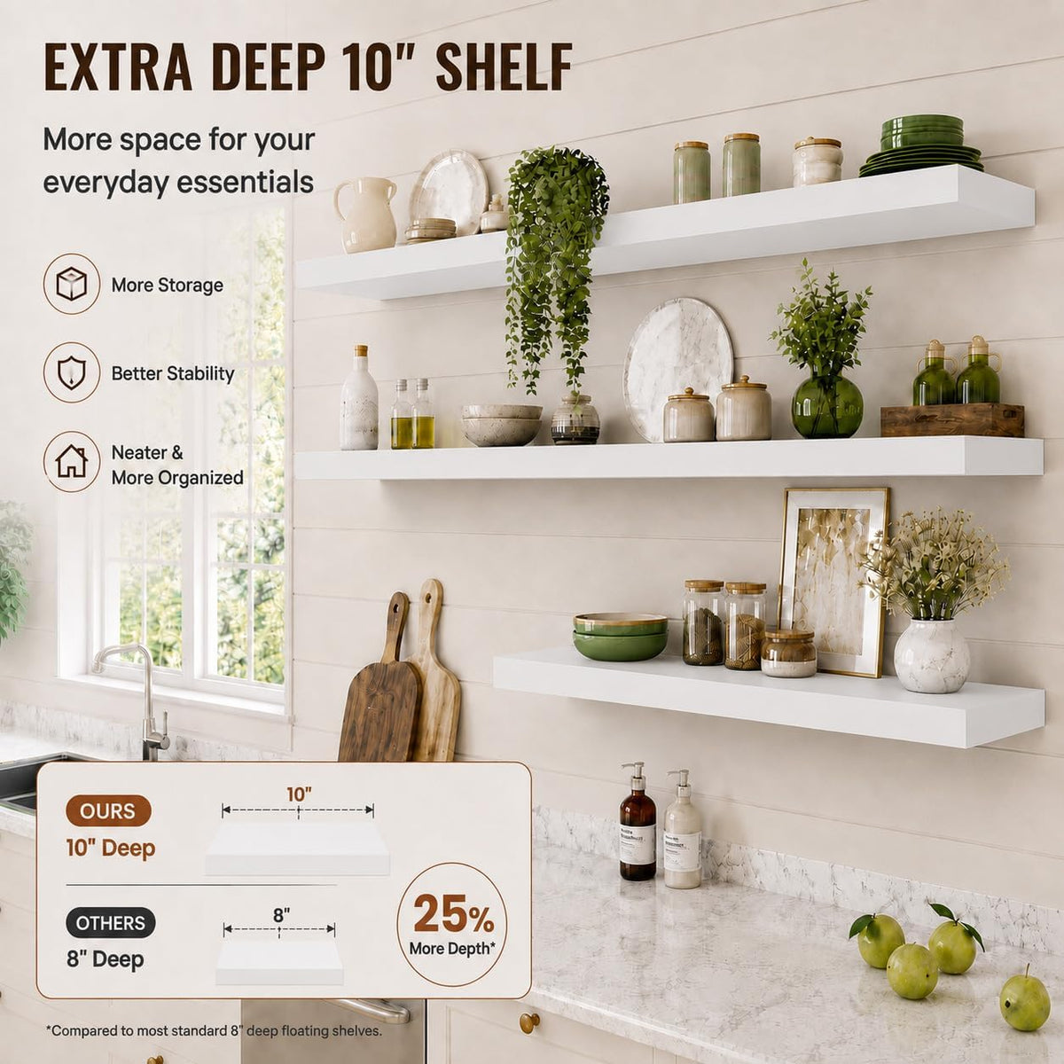 Floating Shelf, Set of 2 Wall Shelf, 24 in W x 10 in D x 1 in H Wooden Floating Wall Shelf with Invisible Brackets for Living Room/Bedroom/Bathroom/Kitchen Storage and Decor, White
