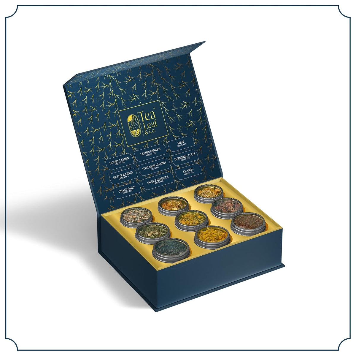 Tea Leaf &amp; Co. Harmony Pure Delight 9 Pack Premium Tea Gift Combo Box (Classic, Tulsi Ashwagandha, Lemon Ginger, Mint, Detox Kahwa, Turmeric Tulsi, Honey Lemon, Sweet Hibiscus &amp; Green Chamomile) - 8Oz