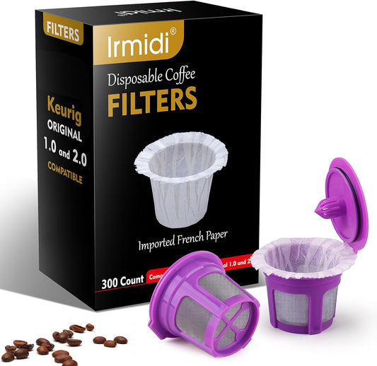 Irmidi 300 Count Disposable Kcup Filters with 2 Pack Reusable Coffee Pods for Keurig 2.0 and 1.0 Coffee Makers