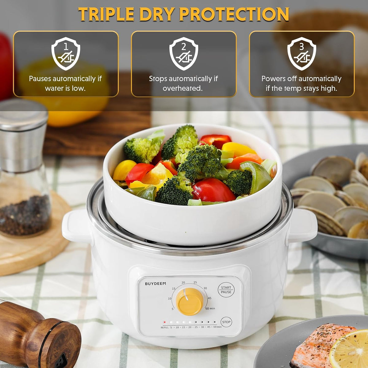 BUYDEEM G32 Electric Food Steamer 1.6QT, Stainless Steel Steamer for Vegetable Egg Seafood, 8 Time Settings, Triple Dry Protection, Quick Steam, Healthy Cooking for 1-2 Servings, Arctic White