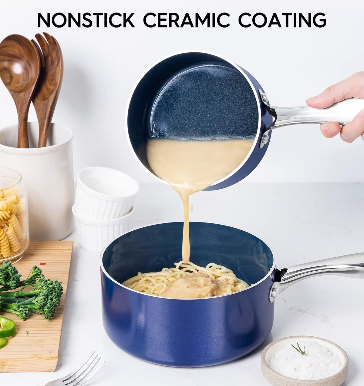 MICHELANGELO Sauce Pan with Lid, Ceramic Saucepan Set, 1.5Qt & 2Qt & 3Qt Sauce Pan Sets, Nonstick Saucepans with Lids, Small Pots with Stainless Steel Handle, Oven Safe, Blue