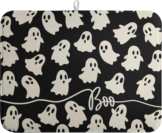 Halloween Ghosts Dish Drying Mat Black and White Large Kitchen Mats Dish Drying Pad Absorbent Dish Dryer Mat for Kitchen
