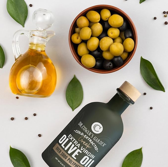 Dr. Cowan’s Garden 1000+ Polyphenol Greek Extra Virgin Olive Oil - Single Estate Extra Virgin Olive Oil with Highest Polyphenols Sourced from Koroneiki Trees, Phase 2 Organic, Cold-Pressed, 8.45 FL Oz