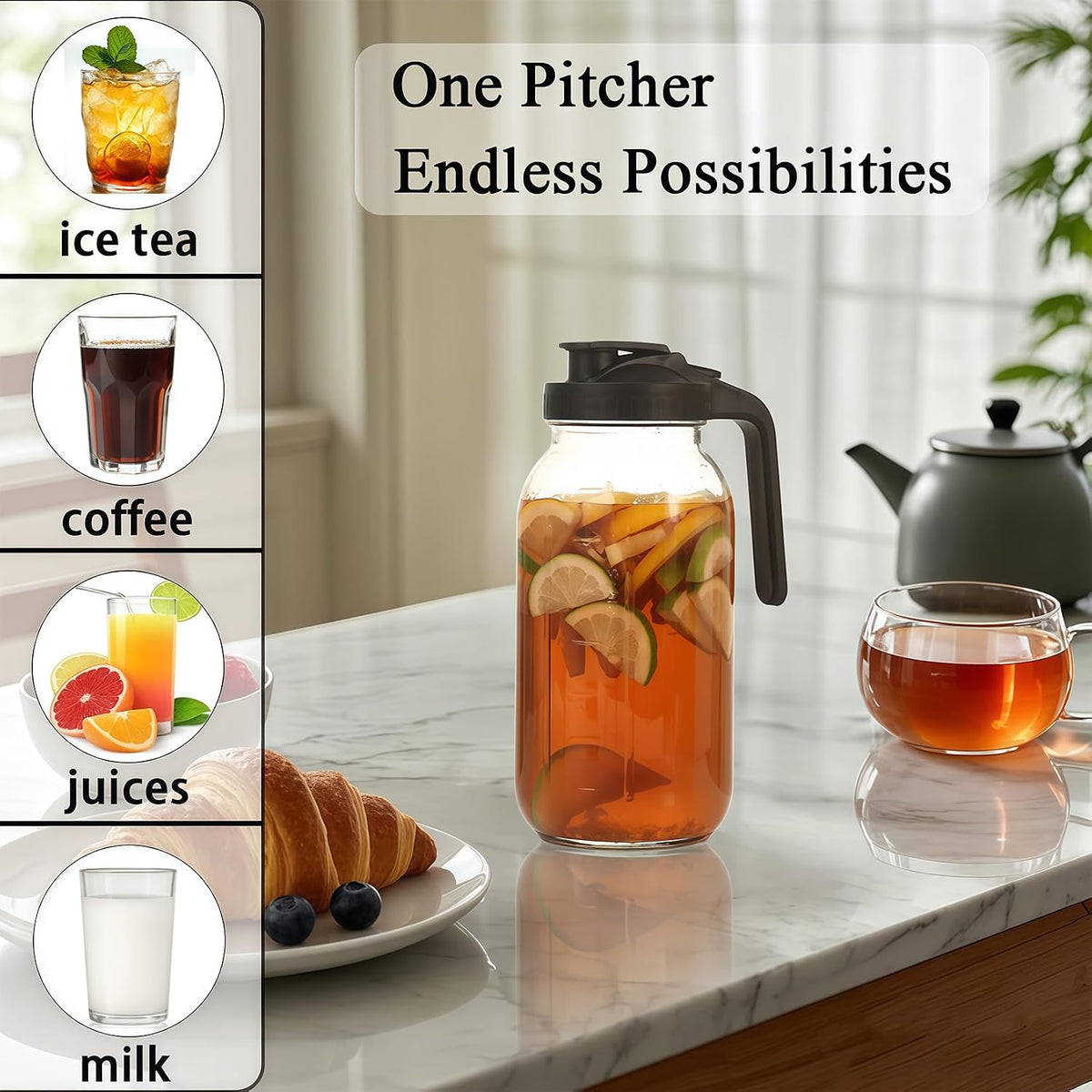 64oz Glass Pitcher Carafes With Handle and Lid, 2 Quart Mason Jar, Large Water Jug, Glass Containers for Fridge, Water Pitcher for Juice, Iced &amp; Sun Tea, Cold Brew Coffee, Homemade Beverage