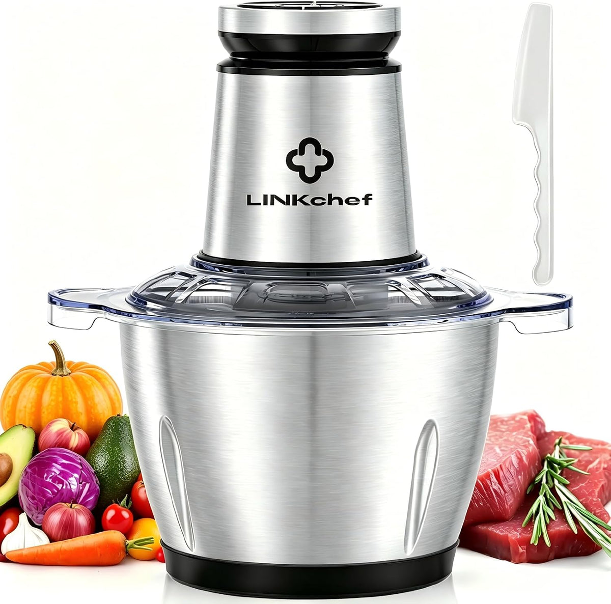 LINKChef Food Chopper, 8 Cup Food Processor Mini Electric, 2L 600W Meat Grinder with 4 Bi-Level Blades, Stainless Steel Mincer for Kitchen, Vegetable, Onion, Garlic, Salad, Baby Food, Fruit, Nuts
