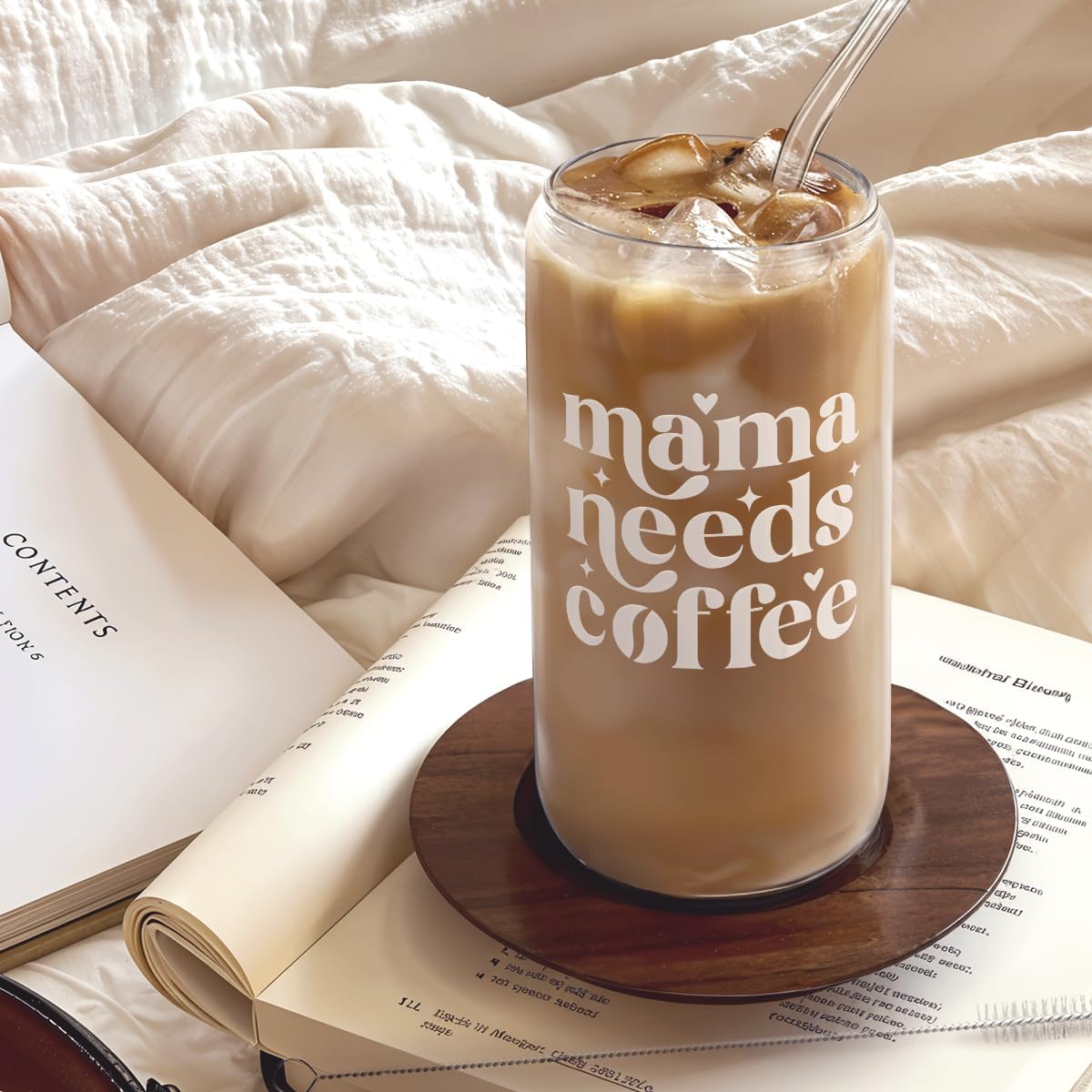 Mom Glass Can, Mama Needs Coffee Cup with Lid &amp; Straw, Iced Coffee Aesthetic Cups, Idea Gifts for Christmas Birthday Mother Day, Gifts for Women, 16oz