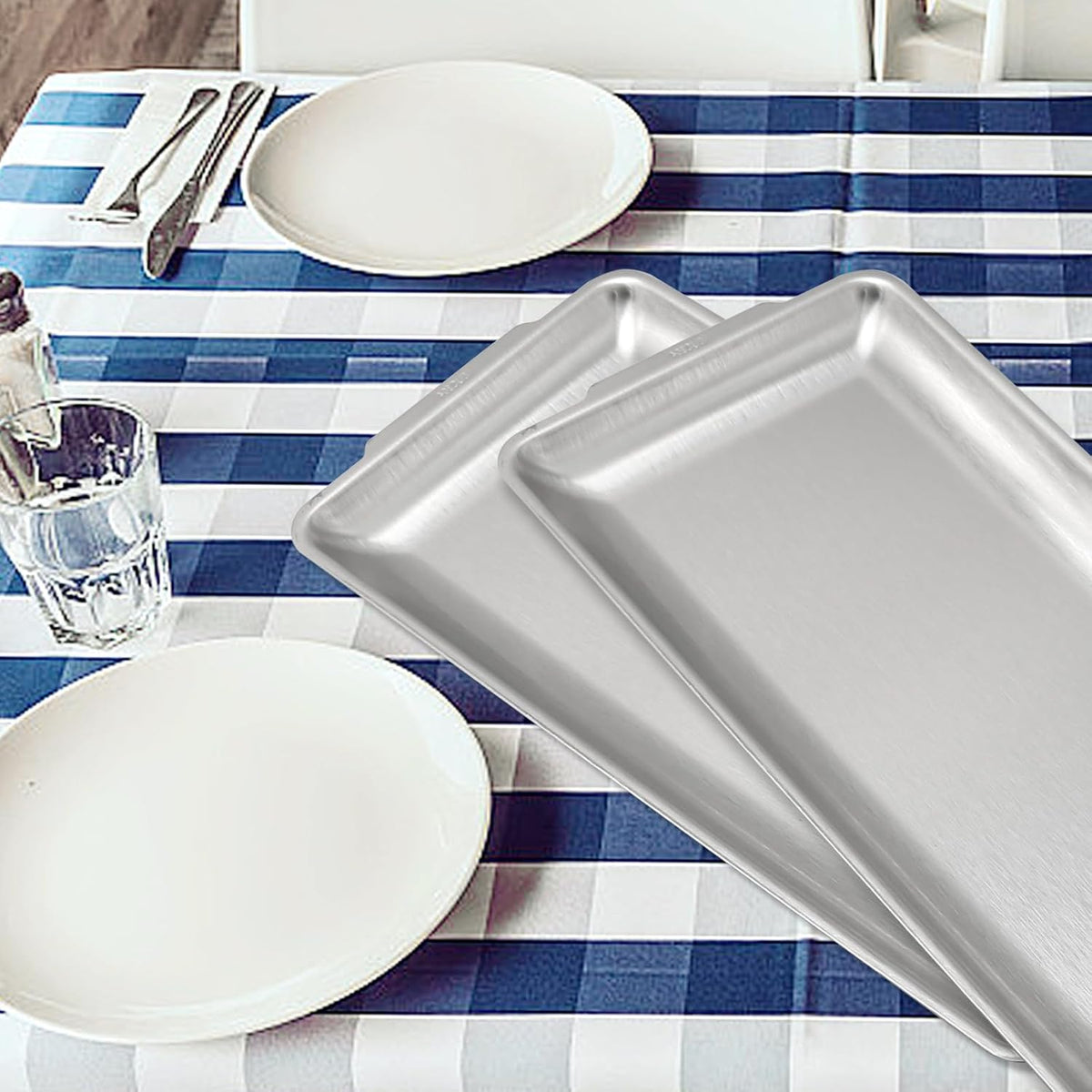 3Pcs 304 Stainless Steel Food Serving Tray, 12.6" Rectangular Serving Platters Multipurpose for Kitchen,Party Organizer Tray for Buffet Brushed Nickel (Silver)