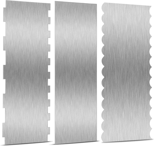 3 Pieces 8.7 Inche Stainless Steel Cake Scraper，Double Sided Patterned Edge Stripe Edge Smoother Scraper Cake