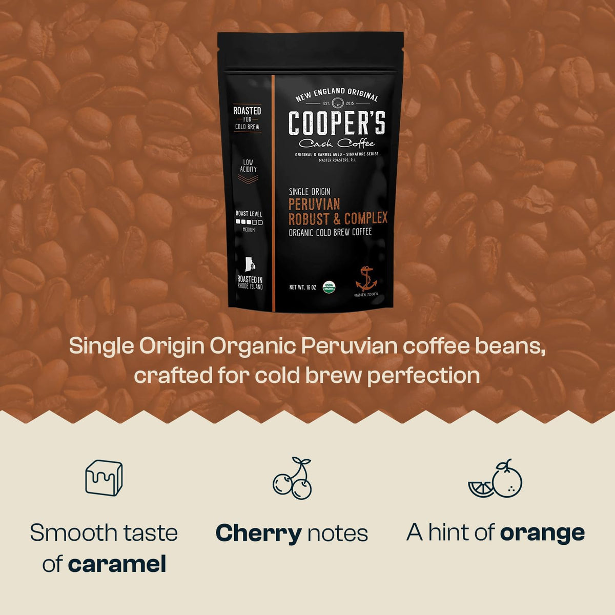 Peruvian Organic Cold Brew Coffee, Single Origin &amp; Gourmet Beans, Tasting Notes Of Caramel With A Touch of Cherry &amp; Orange, Medium Roast Coarse Ground Beans, 1 lb Coffee Bag