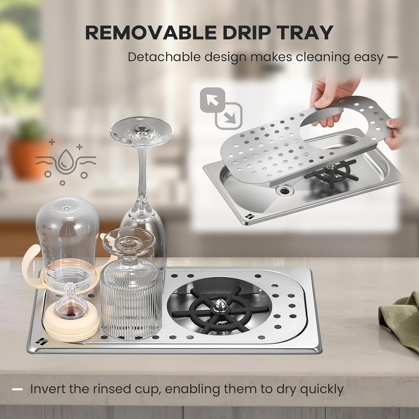 Huanyu Pitcher Rinser, 360° Rotating Nozzle, Drip Tray 12.78×6.97×1.58 in | 304 Stainless Steel, 5-Hole High Pressure, Fast Drain, Removable Tray, Auto Press, Full Kit, for Coffee Bar &amp; Home Kitchen