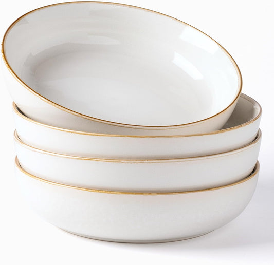 GBHOME 8.75'' Large Ceramic Pasta Bowls, 38oz Stoneware Pasta Serving Bowls Set of 4 for Kitchen, Wide Bowls for Fruit,Pasta,Salad,Oatmeal,Meal, Microwave Safe, Reactive Glaze-Pear White