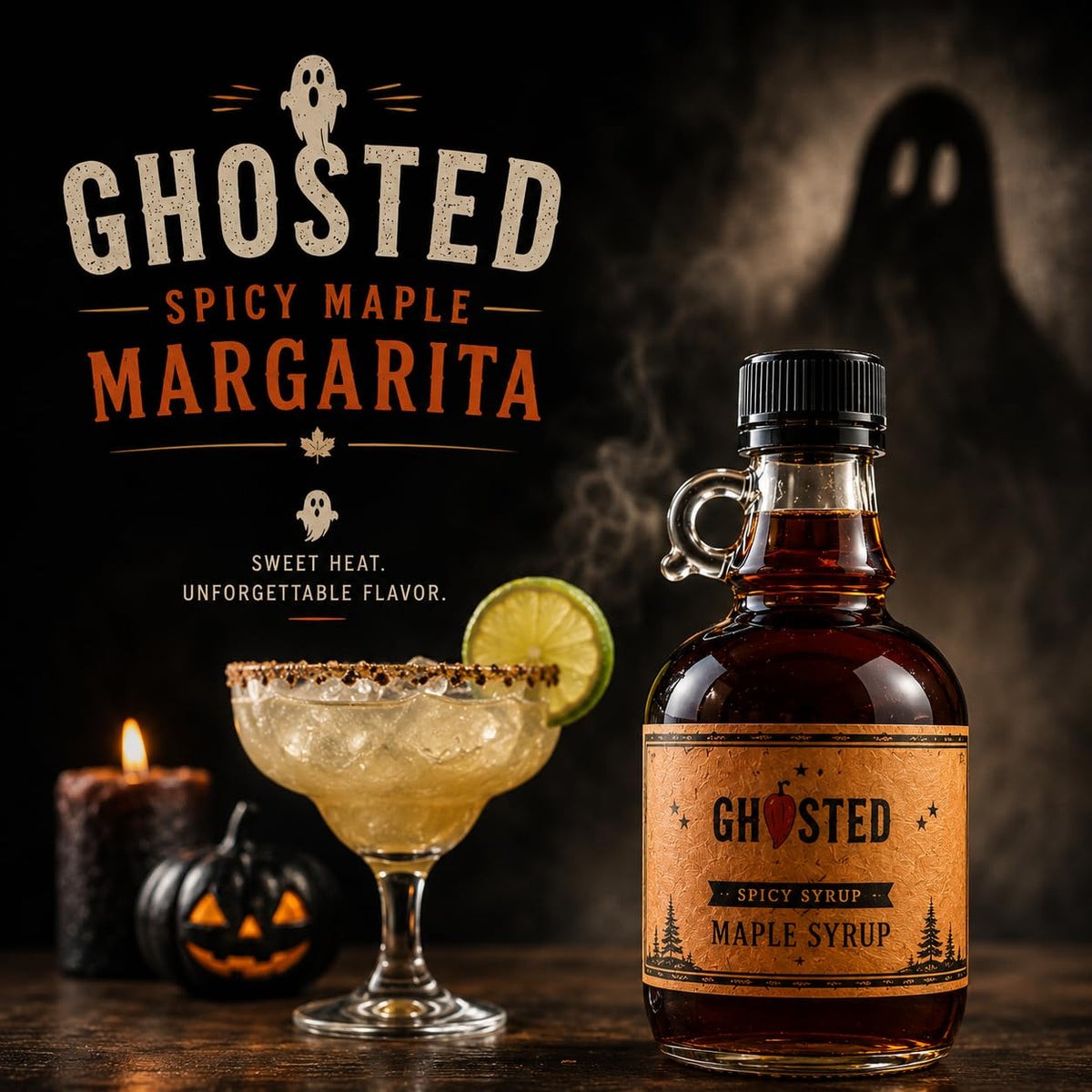 WOOD'S “Ghosted” Maple Syrup – Ghost Pepper Infused | Sweet &amp; Spicy Flavor Fusion | Small-Batch Vermont Syrup with Real Ghost Pepper Extract | Vegan, Natural, Eco-Friendly | Great for Cocktails, BBQ, Glazes &amp; More |8.45 Fl Oz (250mL)