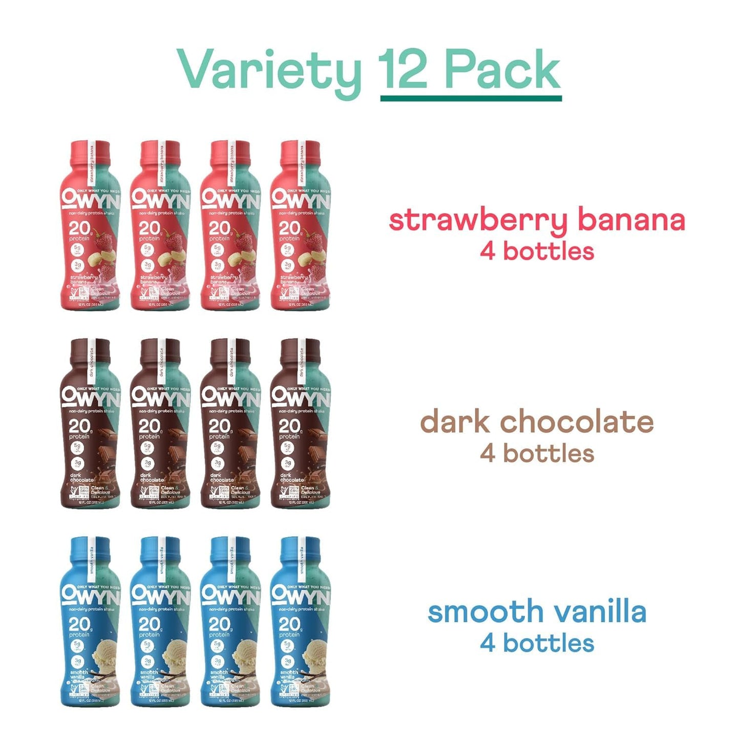 OWYN Only What You Need 20g Protein Shake Variety Pack, Dairy Free, 12 Ct