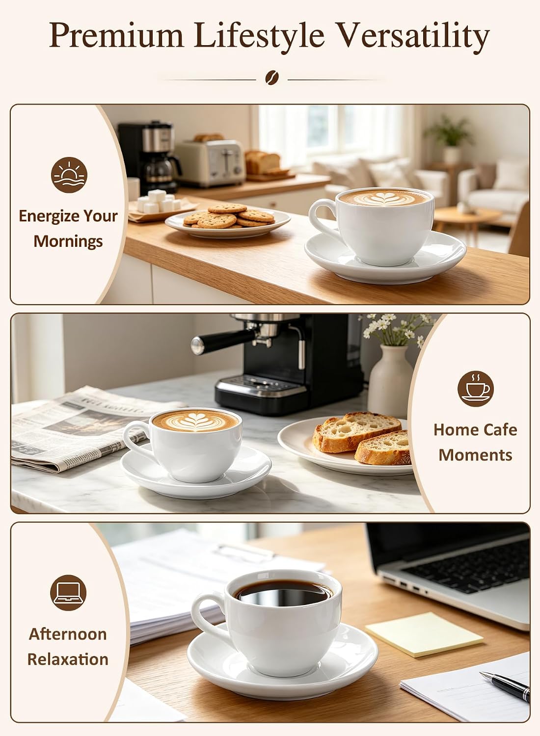 8 oz Porcelain Cappuccino Cups with Saucers and Metal Stand, Set of 4