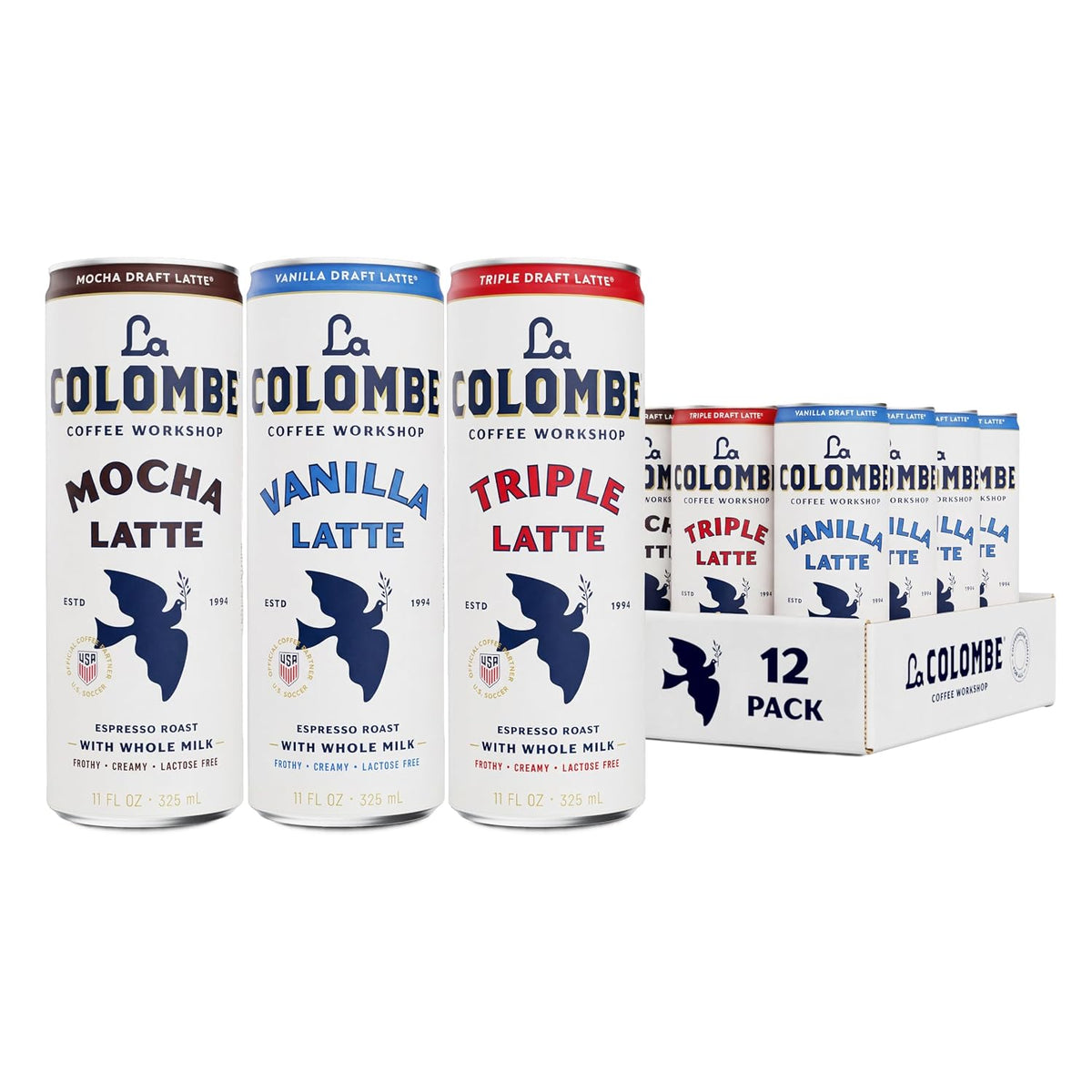 La Colombe draft Latte Variety Pack, 11 fl oz cans (Pack of 12), Includes Triple, Vanilla &amp; Mocha Latte, Coffeehouse Quality, Ready-to-Drink, On-the-Go