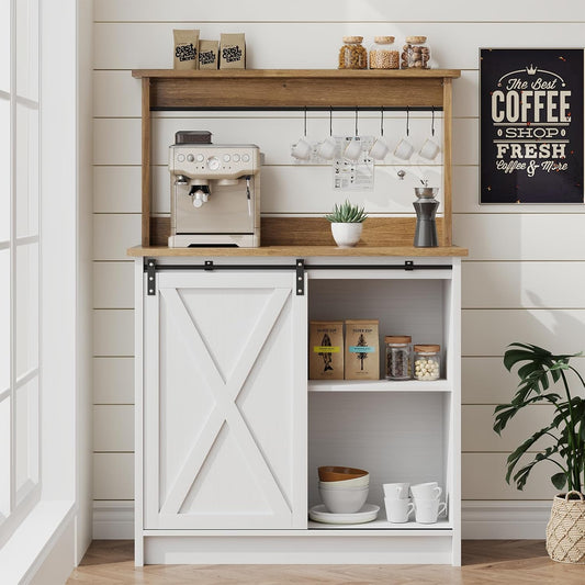4ever2buy 31" Farmhouse Coffee Bar Cabinet with Storage Hutch, White