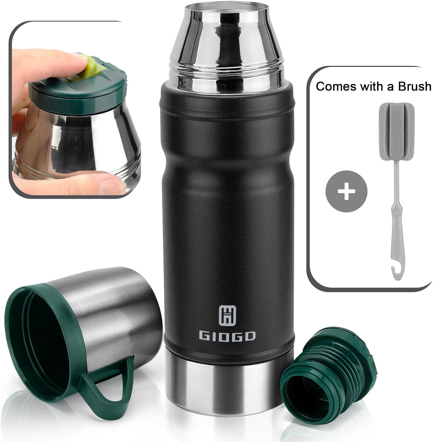 Vacuum Insulated Water Bottle Thermo Water Flask with Cup 680ml/23oz Stainless Steel Thermal Water Bottles Thermo for Hot and Cold Drinks Coffee Water(Black,Set)