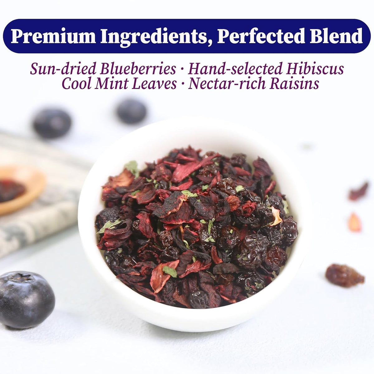FullChea - Blueberry Tea Bags, 50 Count, Fruit Blend Herbal Tea | Blueberry blend with hibiscus, raisins and mint leaves, rich in natural goodness with a delightful fruity taste