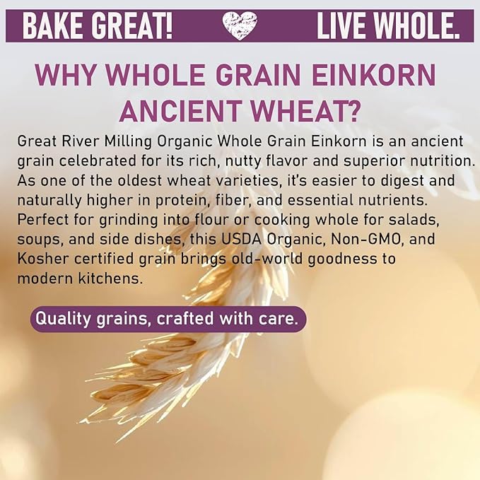 Great River Milling Einkorn Wheat Berries | Whole Grain Ancient Wheat | Non-GMO, High-Protein, Kosher | Mill at Home as All-Purpose Flour Alternative for Baking & Cooking | 5 Lb
