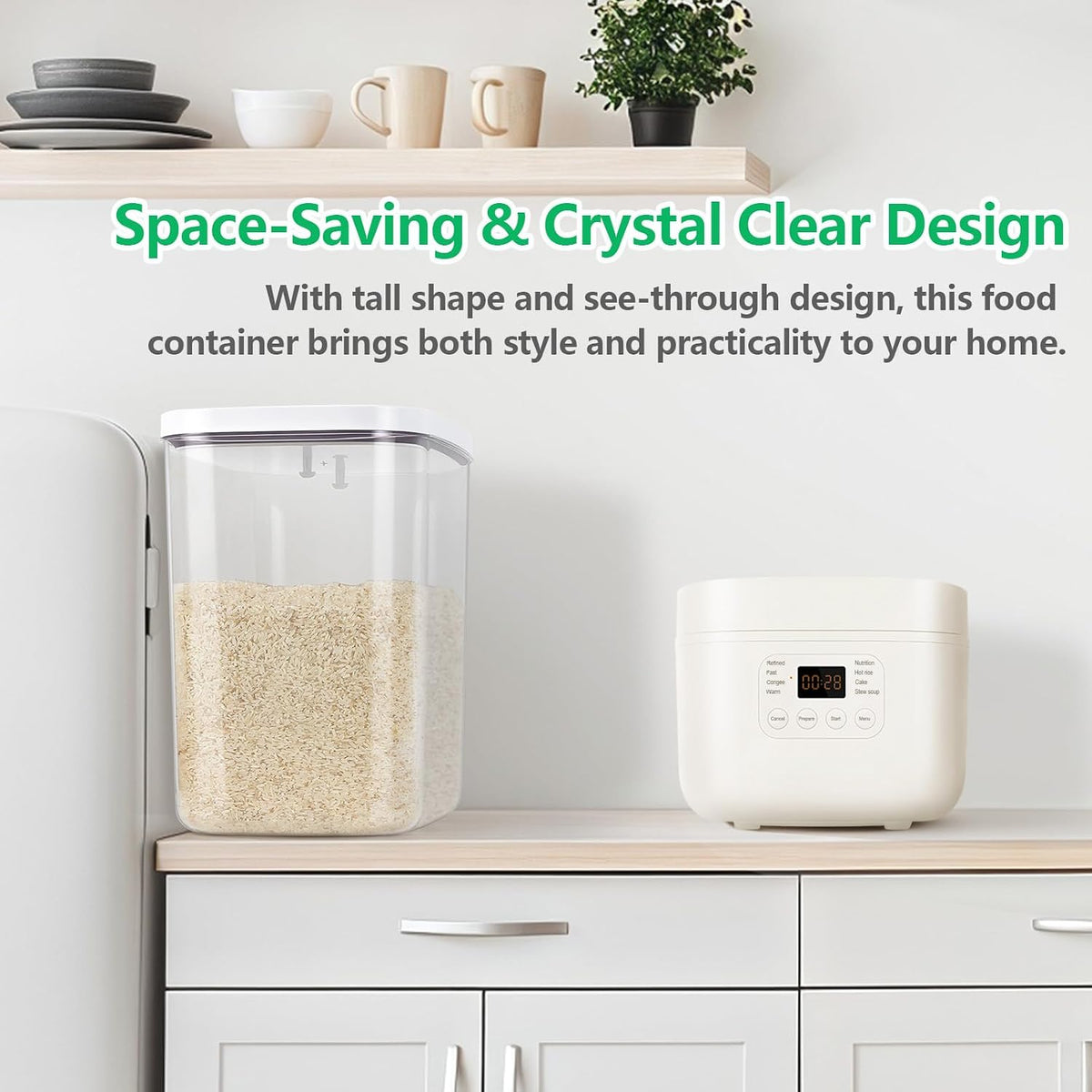 Airtight Rice Container 25 Lbs with Handle and Cup – 12.68Qt Large Flour Sugar Storage Container with Pop Up Seal &amp; Hanging Lid Hooks, Clear Tall Food Storage Bin for Kitchen Pantry Organization
