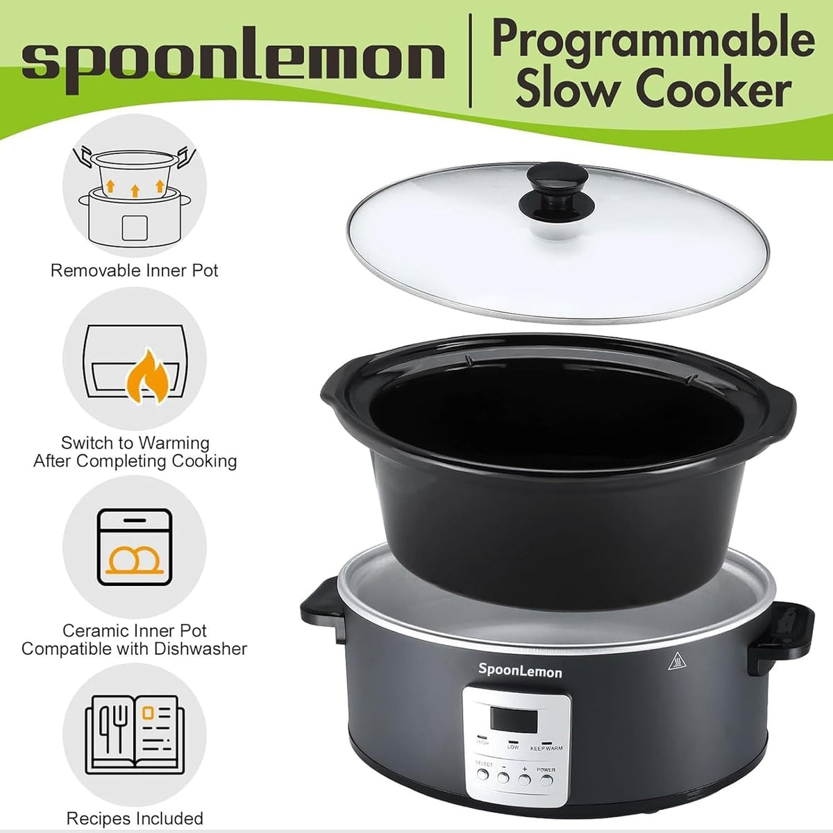 7 Quart Slow Cooker, Electric Slow Cooker Oval with Nonstick Removable Inner Ceramic Pot, Programmable with 3 Temp Settings