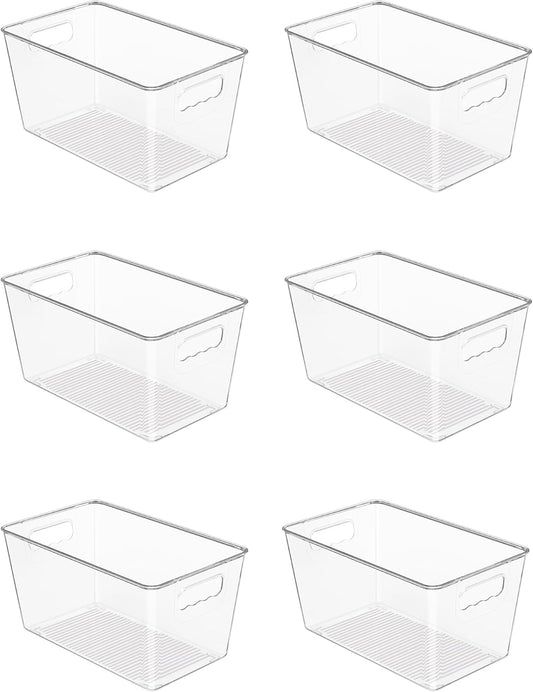 Vtopmart Clear Plastic Storage Bins, 6 PCS Pantry Organizer Bins with Handle for Refrigerator, Fridge, Cabinet, Kitchen, Countertops, Cupboard, Freezer Organization,Medium