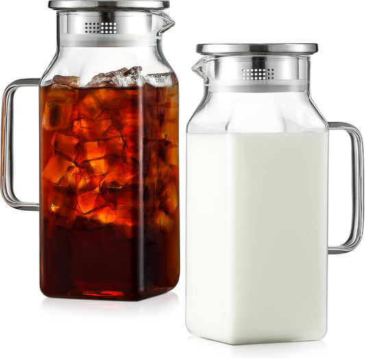 Netany 2 Pack 1.2 Liters/40 oz Small Square Glass Pitcher with Lid and Handle for Fridge, Iced Tea and Coffee Carafe Storage