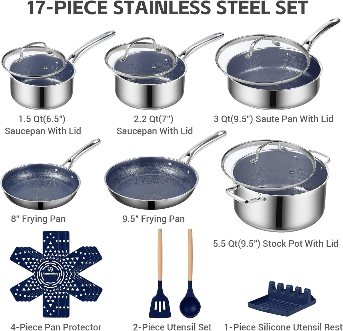 Ammeloo 17 Pcs Pots and Pans Set Non Stick, Stainless Steel Cookware Set