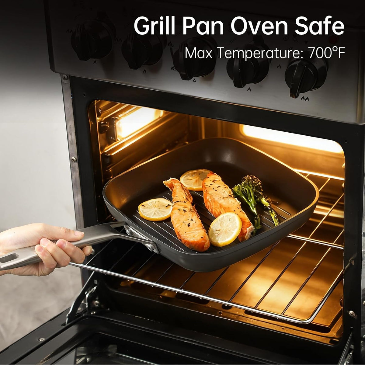 MsMk Square Grill Pan with lid, Stay-Cool Handle, Each Ridge Nonstick, Oven Safe Dishwasher Safe Induction Grill pans for Stove Tops, Square Frying Pan, Bacon Pan, Indoor Chicken Skillet, 11-Inch