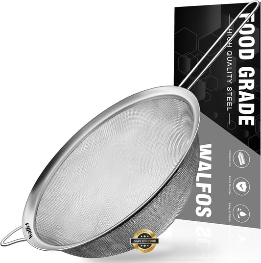 Walfos 9 Inch Large Fine Mesh Strainer, Kitchen Metal Food Strainers with Sturdy Handle, Stainless Steel 30 Mesh Sieve