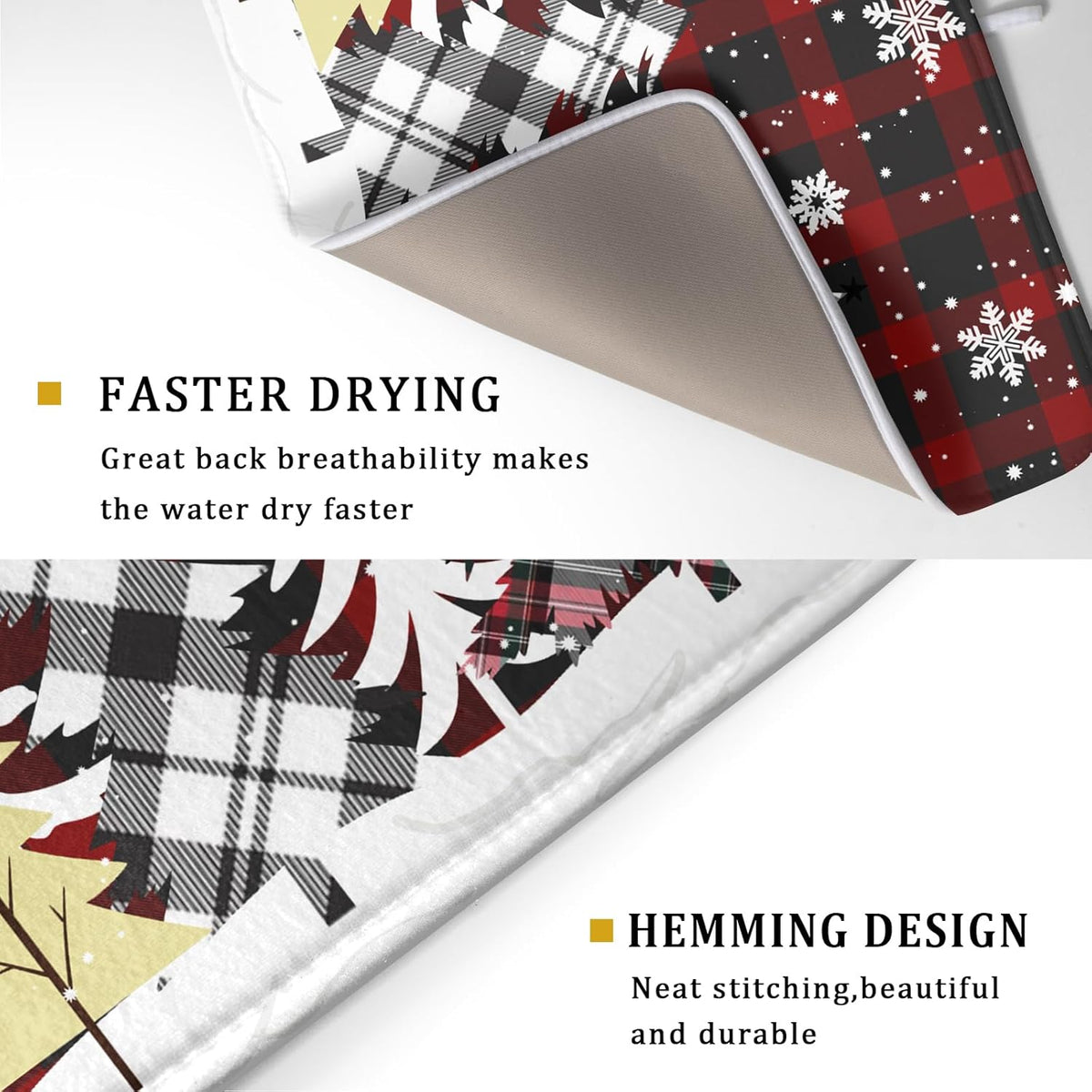 Merry Christmas Dish Drying Mat for Kitchen Counter 18x24 Inch Watercolor Buffalo Plaid Christmas Tree Microfiber Absorbent Dishes Pad Dish Drainer Mat Protector Kitchen Accessories for Countertop